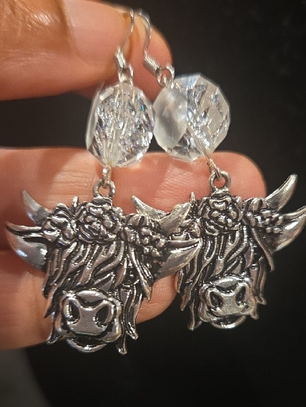 Silver Highland Cow Dangle Earrings with Clear Bead - Women Jewelry - Picture 5 of 5